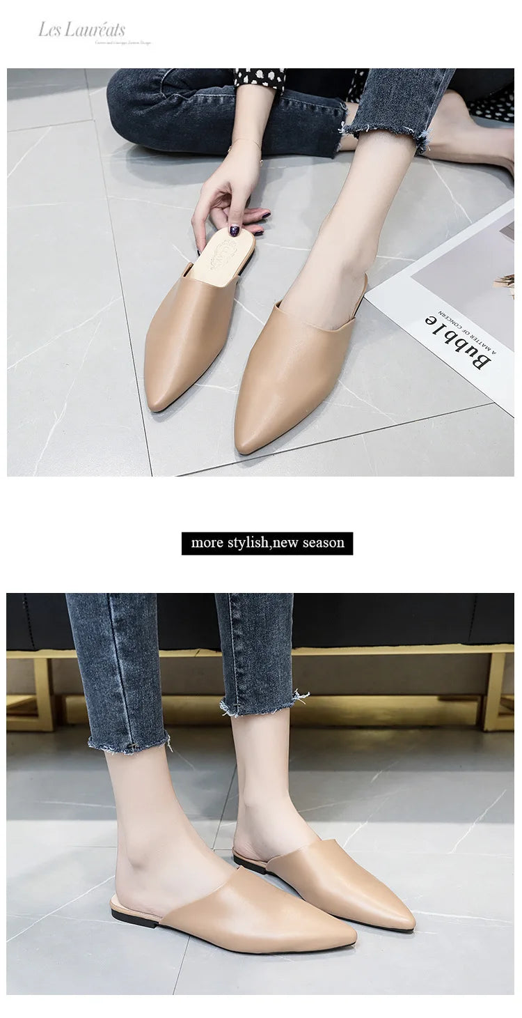 Women Spring Summer Slippers Mules Soft Leather Pointed Toe Slip On Sandalias Soild Mature Fashion Casual Low-heeled Shoes Mujer