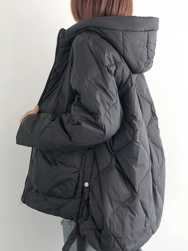 Fitaylor Winter Women White Duck Down Coat Casual Loose Solid Light Down Outwear Female Hooded Zipper Puffer Parka Jacket