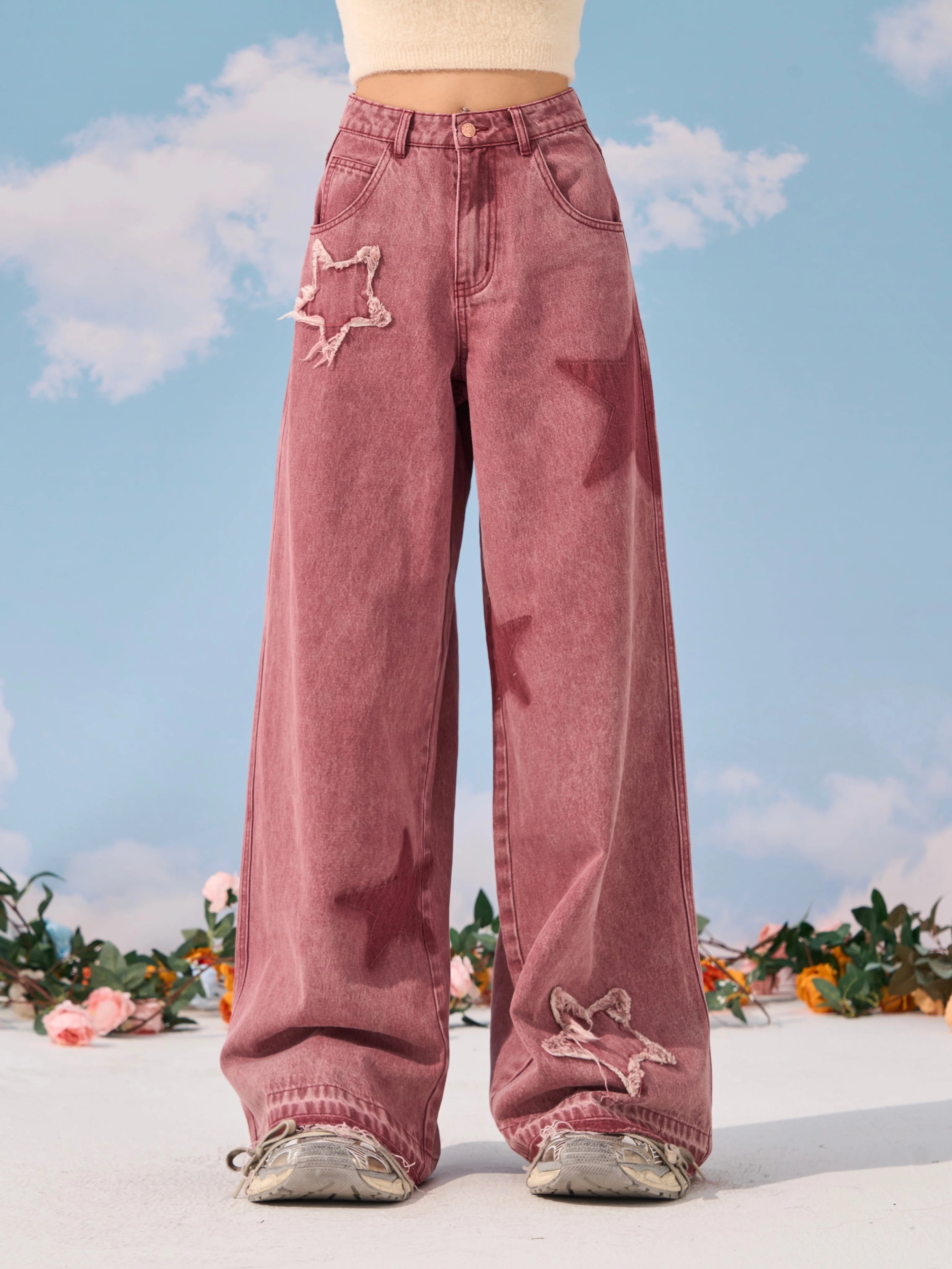 Pink Star Straight Leg Jeans Women's Summer Design Feel Y2K Loose and Slim Wide Leg Casual Pants - reetell