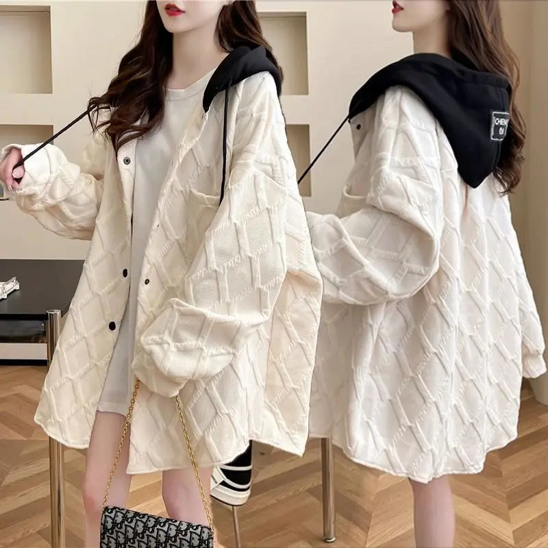 Fashion Jacquard Hooded Sweatshirt for Women Long Sleeve Loose Plaid Button Cardigan Hoodies Casual Patchwork Outwear Coat Tops - reetell