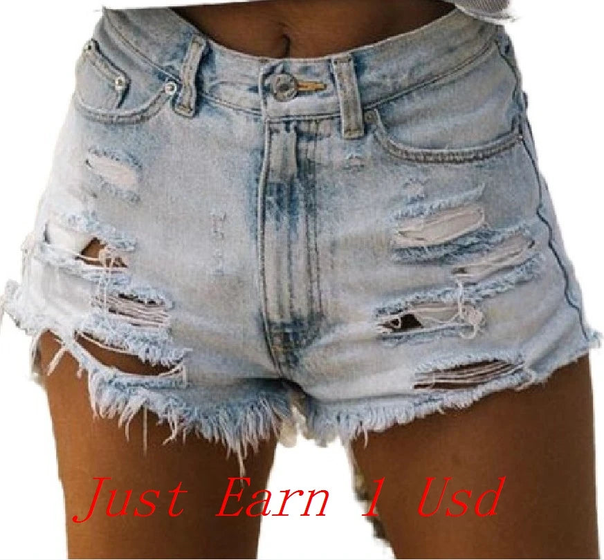 Summer Ripped Washed American High Waist Pierced Tassel Denim Shorts Women's Hot Pants Pant Casual Tassel Tight Street Pants - reetell