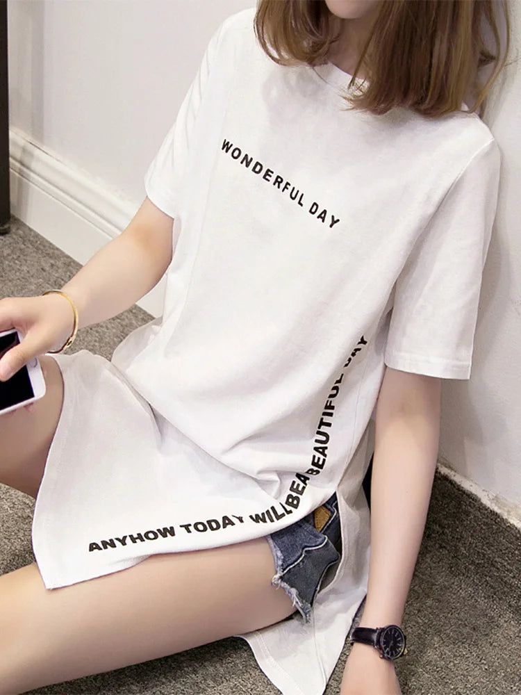 WONDERFUL DAY Print Long T shirts Summer Women Loose Slit Femme Tops Cotton Tshirt Short sleeve Ladies t-shirt - reetell