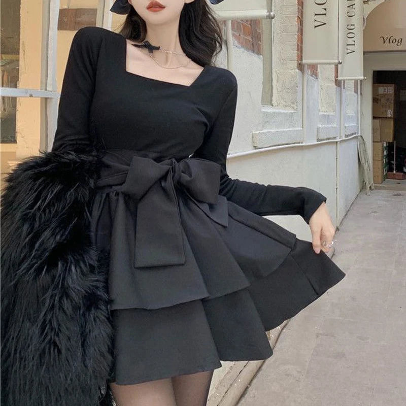 Women Vintage Bow Kawaii Sweet Fairy Elegant Party Dresses 2024 Spring Female Square Collar High Waist Slim Sexy Y2K Mini Dress - reetell