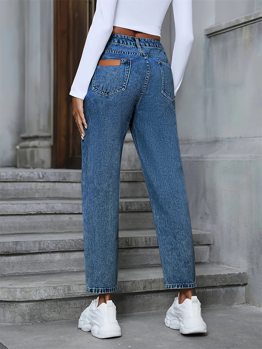 Benuynffy Vintage Women's Jeans American Basic Fashion Mom Jeans Woman Summer High Waist Straight Leg Denim Pants Without Belt - reetell