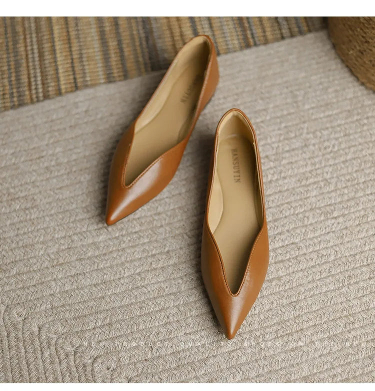 Luxury Temperament Women Shoe Summer New French Pointed Leather Shoe Simple Comfortable Single Shoe Sheepskin Elegant Low Heels