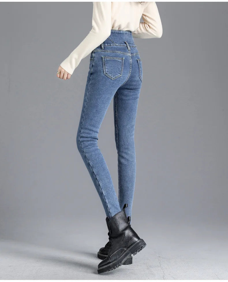 Thermal Winter Thick Fleece High-waist Warm Skinny Jeans Thick Women Stretch Button Pencil Pants Mom Casual Velvet Jeans - reetell