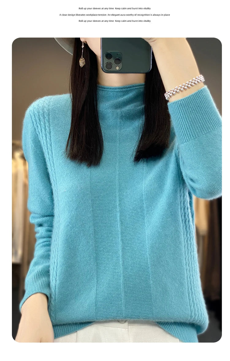 2024 Autumn Winter Women 100% Merino Wool Sweater Striped O-Neck Pullover Knitwear Casual Undershirt Cashmere Clothing Tops - reetell