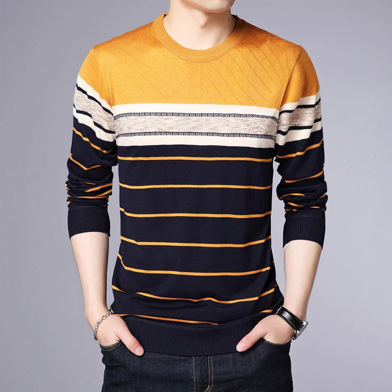 Men's Casual Striped Knit Spring and Autumn Long Sleeved Pullover Fashion Top - reetell