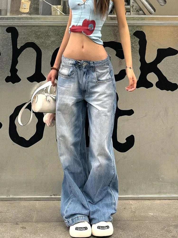 Women American Vintage Y2k Japanese Harajuku Streetwear Baggy Low Rise Denim Pants Long Trousers 2000s Aesthetic Jean Kpop Punk - reetell