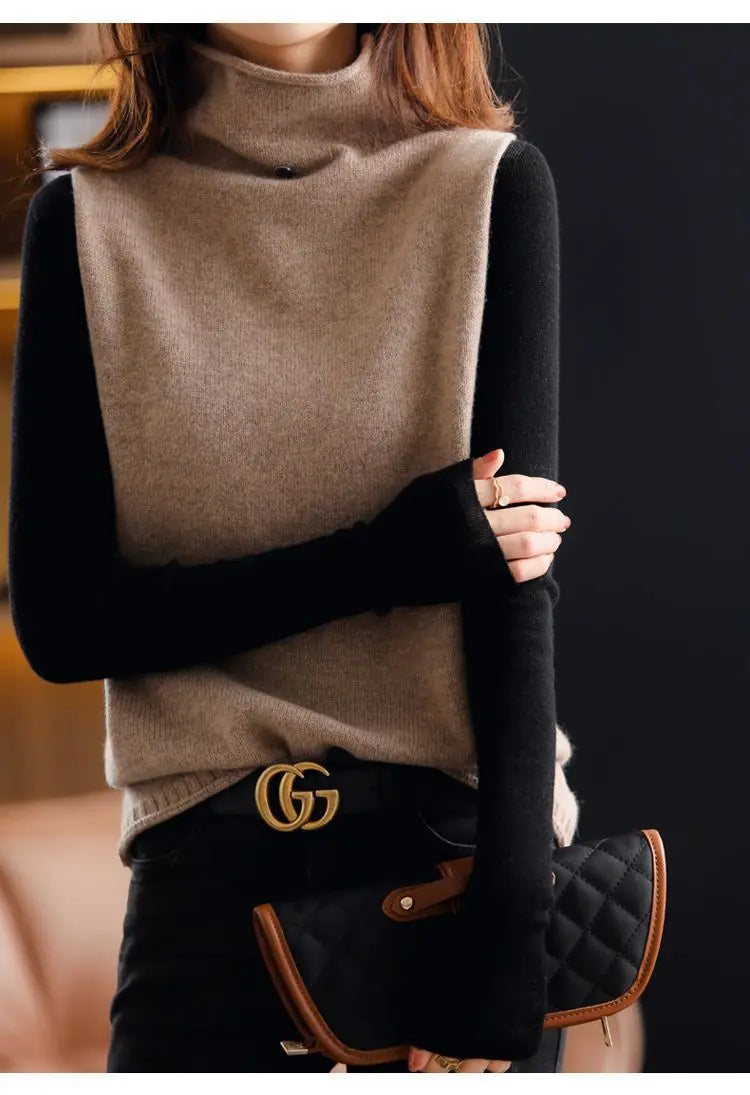 Fashion Women Vintage Turtleneck Sweater Vest Spring Autumn All-match Casual Streetwear Solid Loose Sleeveless Knitted Pullovers - reetell