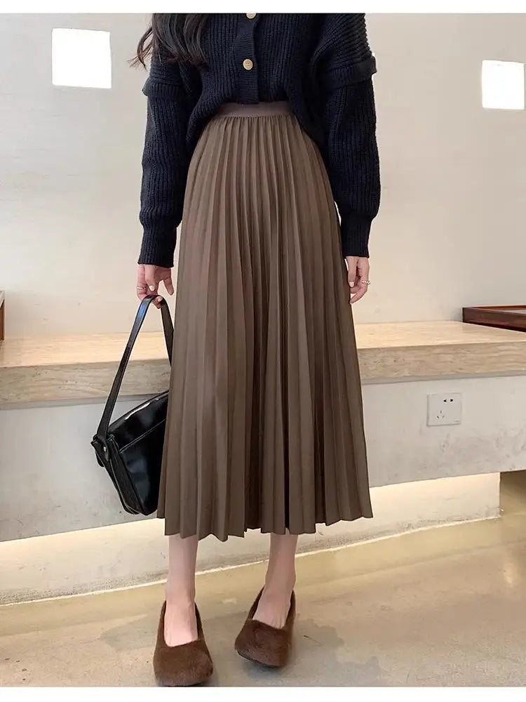 2023 Women Elegant Pleated Skirt High Waist Women Mid-long Skirt Female Ladies High Quality Women Midi Skirt Black Saia - reetell