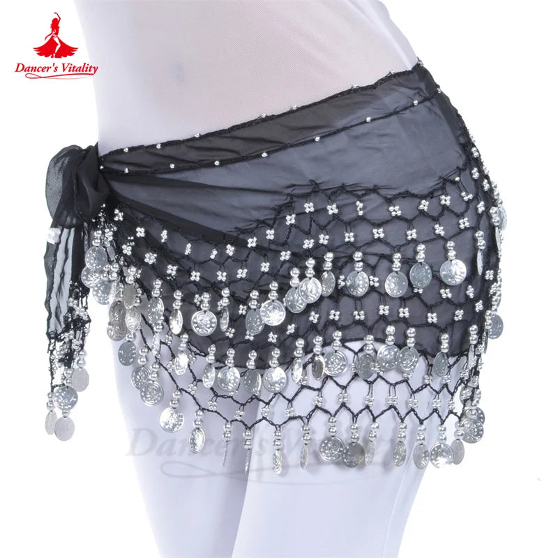 Belly Dance Belt for Women Chiffon Gold Coines Oriental Dancing Wear Accessies Girl's Chiffon Silver Coines Bellydance Hip Scarf - reetell