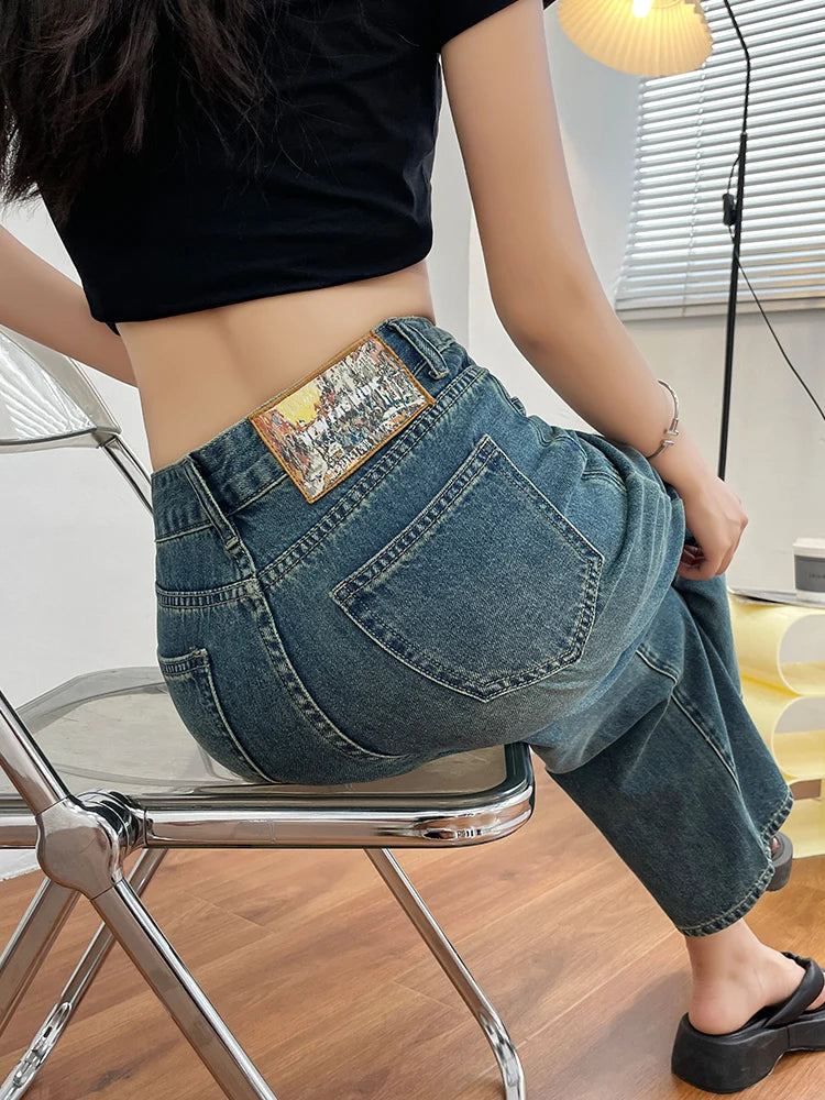 No stretch women jeans new straight leg wide streetwear high waist boyfriend pockets denim trousers cargo pants japanese y2k - reetell