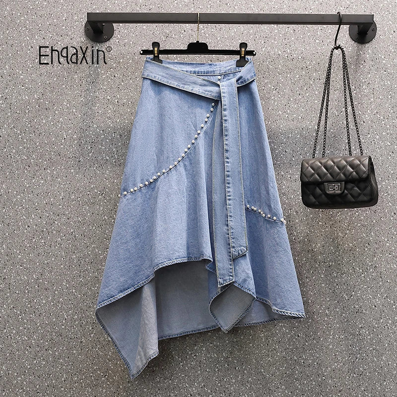 EHQAXIN Women's Casual Denim Skirt 2024 Summer New Simple Irregular Lace-Up Beaded Loose Denim Skirt Ladies Fashion Youth L-4XL - reetell