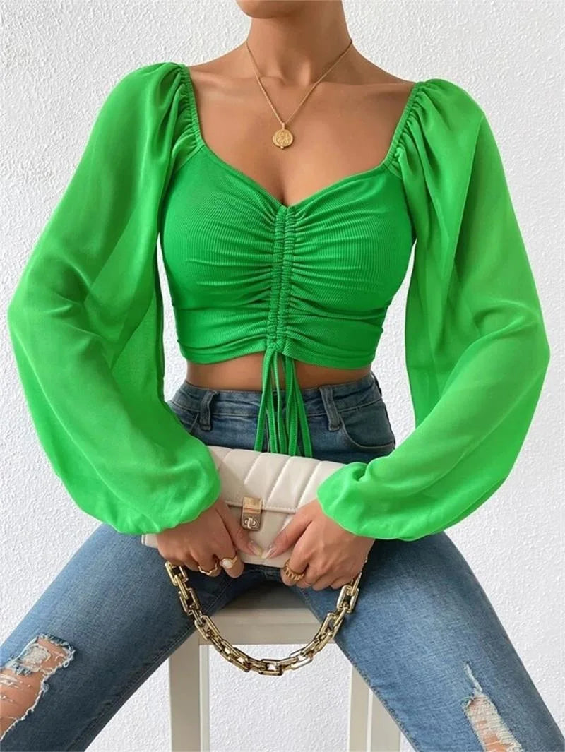 2023 Woman’s Tops Puff Sleeve Sexy Close-Fitting Summer and Spring Lace up V-neck Fashion Solid Color Simple Long Sleeve Hot - reetell