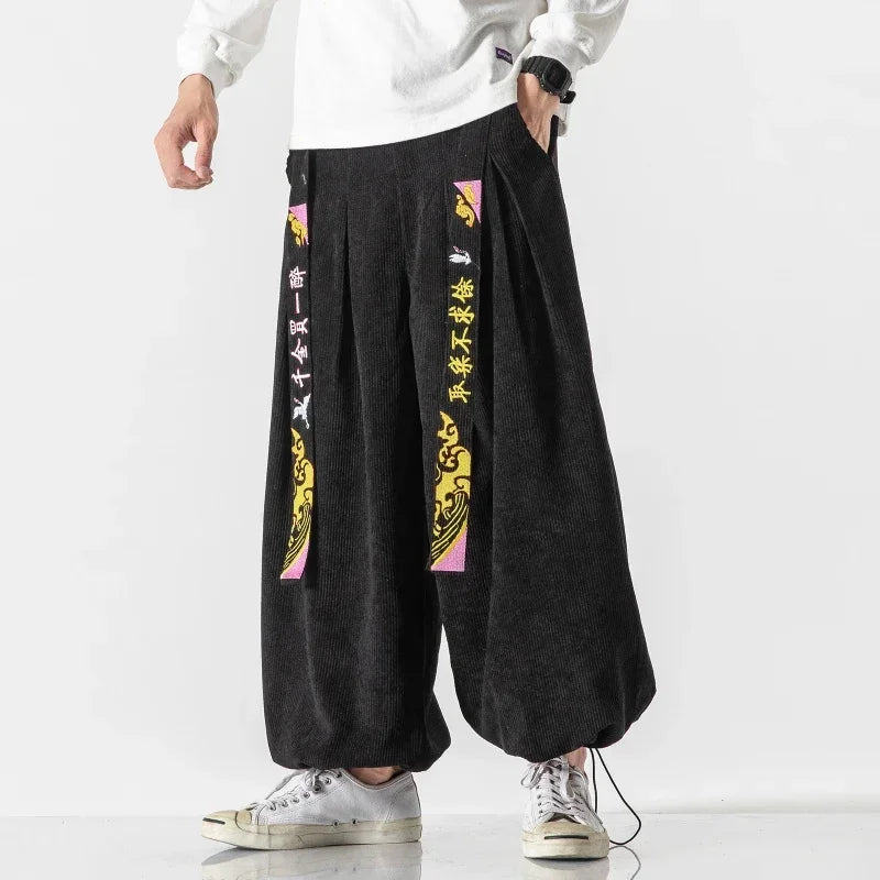 Chinoiserie Belt Men Pants Fashion Loose Harajuku Sports trousers Hip Hop Jogging Pants Corduroy Casual Couple Harem Pants M-5XL