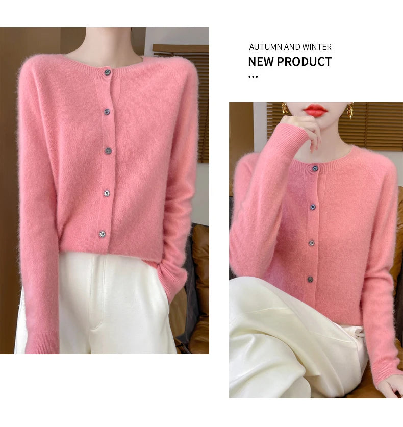 100% Merino Wool Long Sleeve Sweaters Cashmere Cardigan Spring Autumn Women O-Neck Knitwear Tops Clothing Fashion Basic Tops - reetell