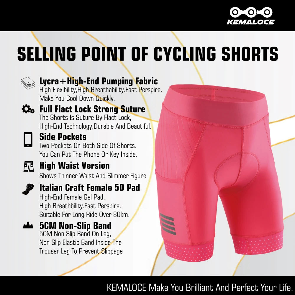 KEMALOCE Women Cycling Shorts 2024 Pink&Black Breathable Summer Bicycle Shorts Female 5D Gel Pad Pocket Lady Bike Shorts - reetell