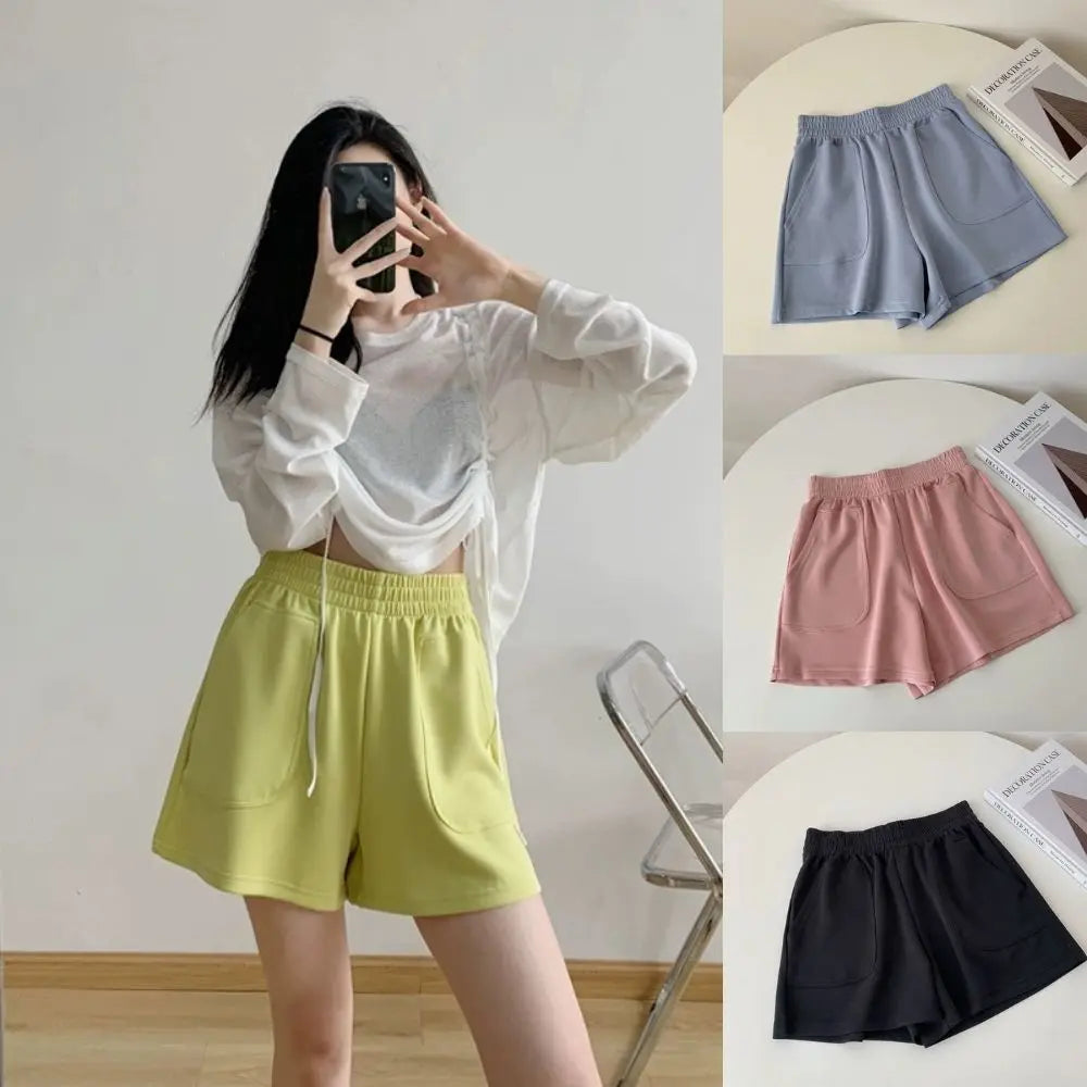 Summer Women's Shorts Trendy Casual Summer Bright Color Short Pants With Pocket Soft Korean Style Girls Bottoms Elastic Homewear - reetell