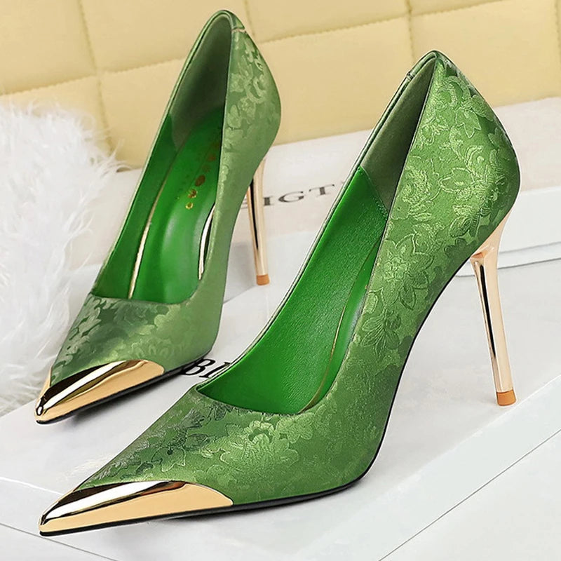 BIGTREE Shoes Metal Pointed End Women Pumps Silks Satins High Heels Ethnic Style Women Stilettos Heels 10 Cm Banquet High Heels