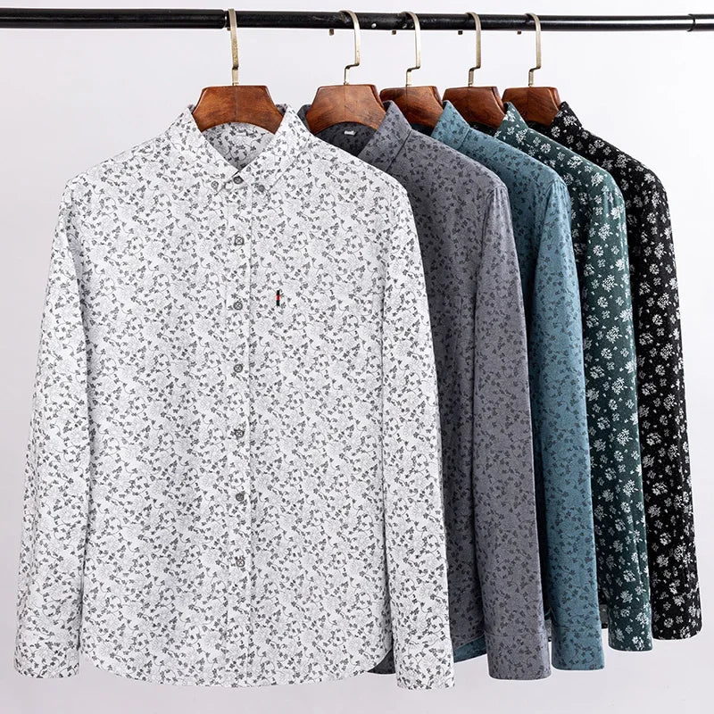 Fashion korean100%cotton casual long-sleeve shirts for men slim fit plain tops print designer vintage elegant clothes streetwear