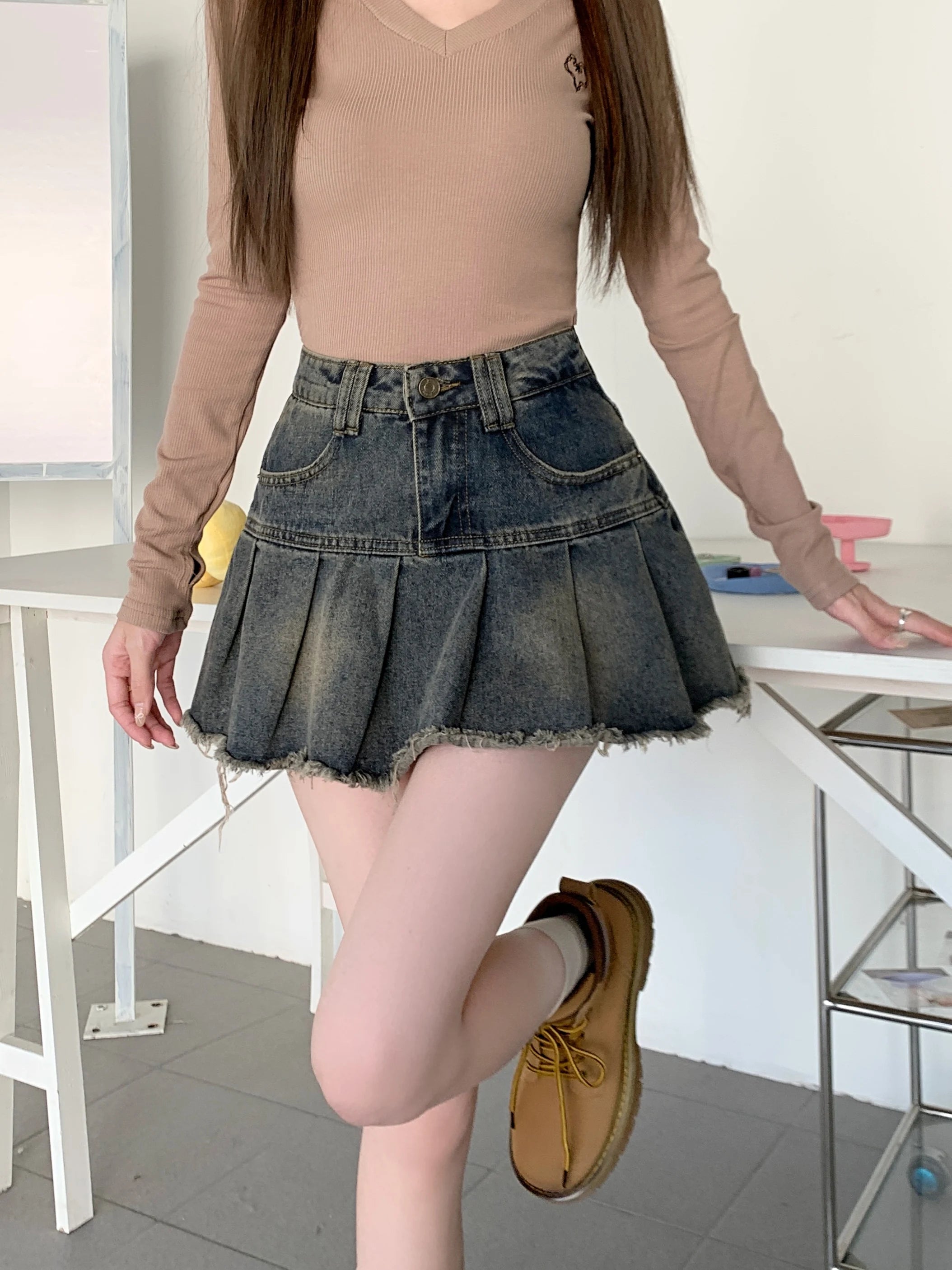 Women's Summer Cute Denim Short Skirt High Waist Burr Edge Spliced Casual A-line Harajuku Korean Style Y2K Mini Pleated Skirt - reetell