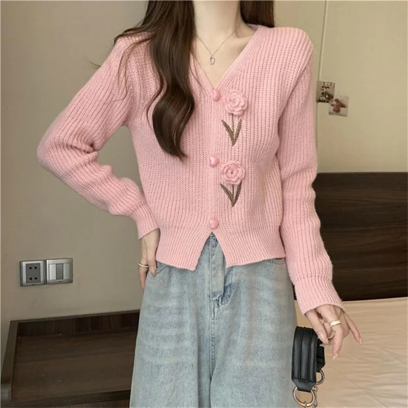 Heavy Industry Beautiful Flowers Knitted Cardigan Sweater Women Slim In Autumn And Winter With Small Cardigan V-neck Short Coat - reetell