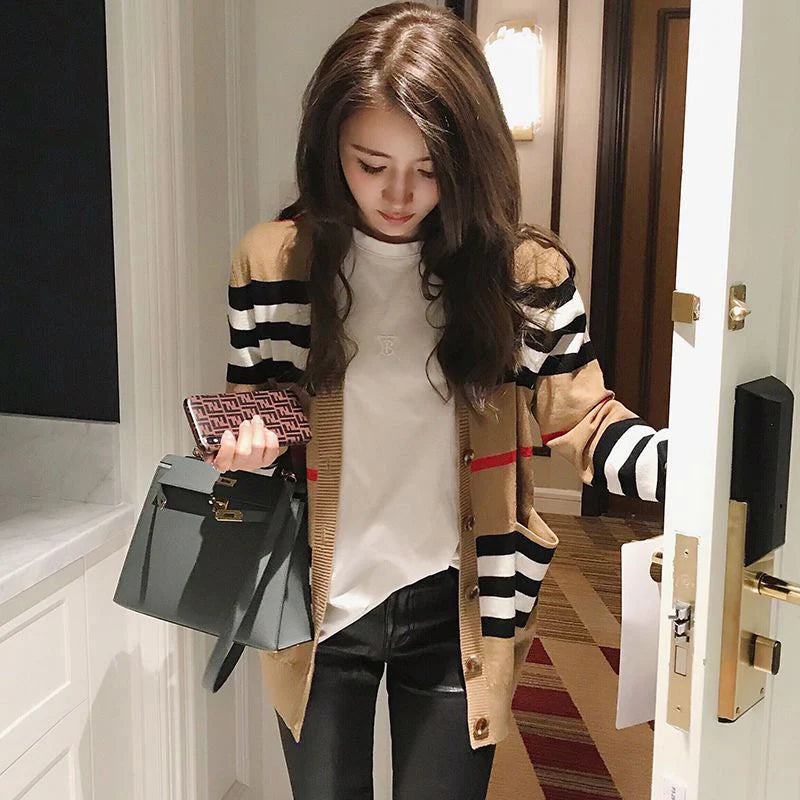 Women Striped Knitted Cardigan Fall Winter Loose Korean Sweater Casual Fashion Office Lady V Neck Single Breasted Design Top - reetell