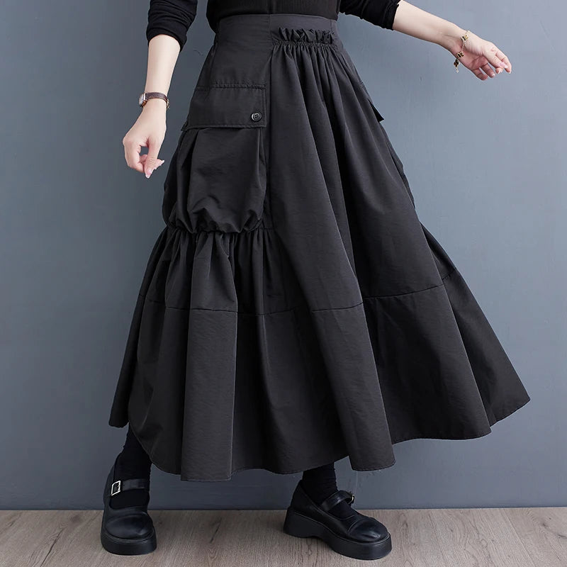 Oversized Spring Autumn Cargo Midi Skirt Women Elastic High Waist Fashion Ruffle Pleated Ladies Skirts Loose Casual Woman Skirt - reetell