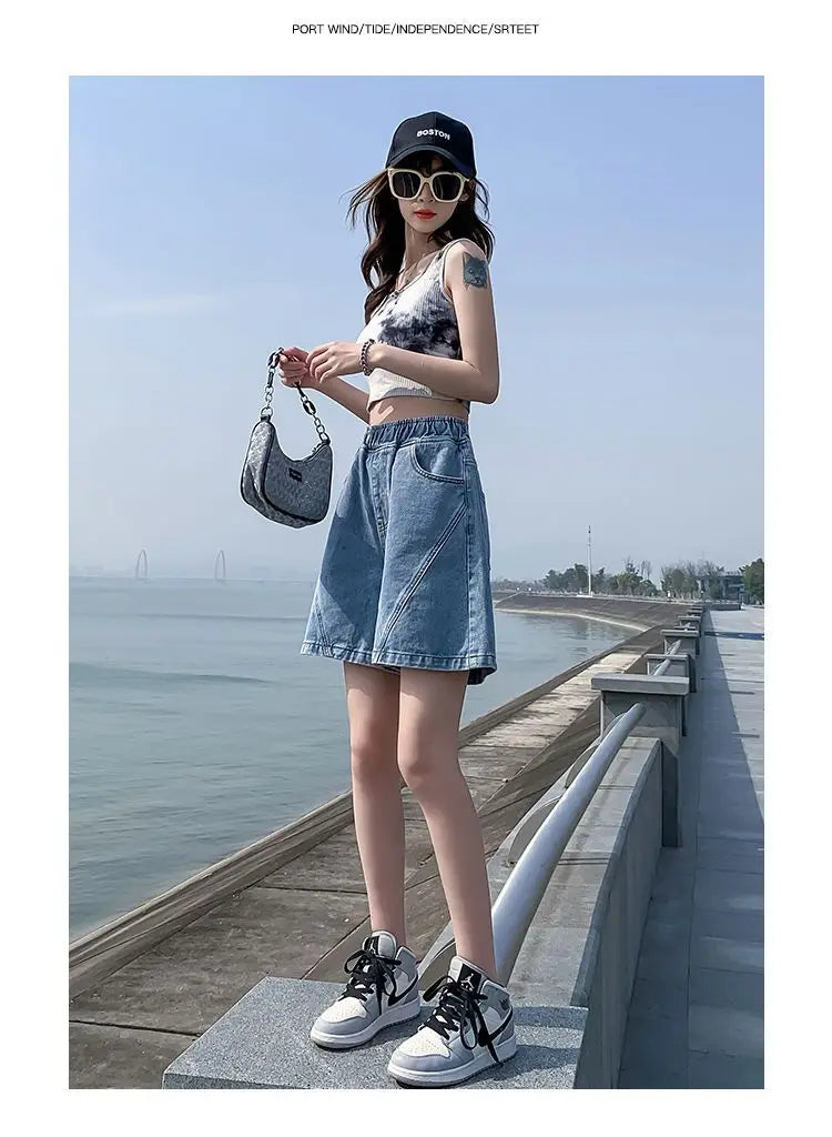 Big Size Denim Shorts Quarter Trousers A Wide Leg Loose High Waist Skinny Students Fattening Women Pocket Splicing Stripe - reetell