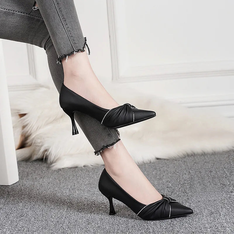 Black High-heeled Women's Slender Heel 2024 Autumn New Pointy Work Shoes Temperament Career Women's Shoes Not Tired Feet