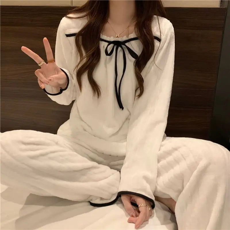 Coral Fleece Pajamas Sets for Women Autumn Winter Thick Warm Sweet Long Sleeve Sleepwear Nightgown Pijama Suit Mujer Homewear