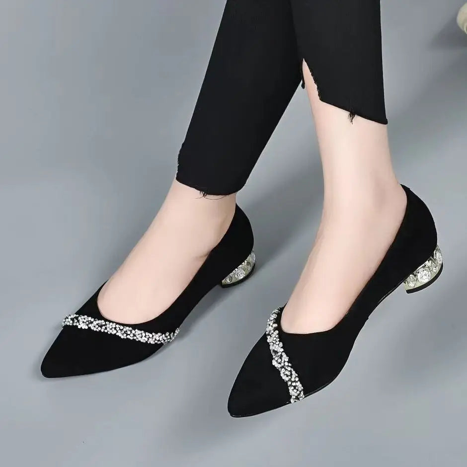 Women's Summer Footwear Diamond Shoes for Woman 2024 Rhinestone Office Low Heel Elegant with Crystals Black Stylish on Promotion