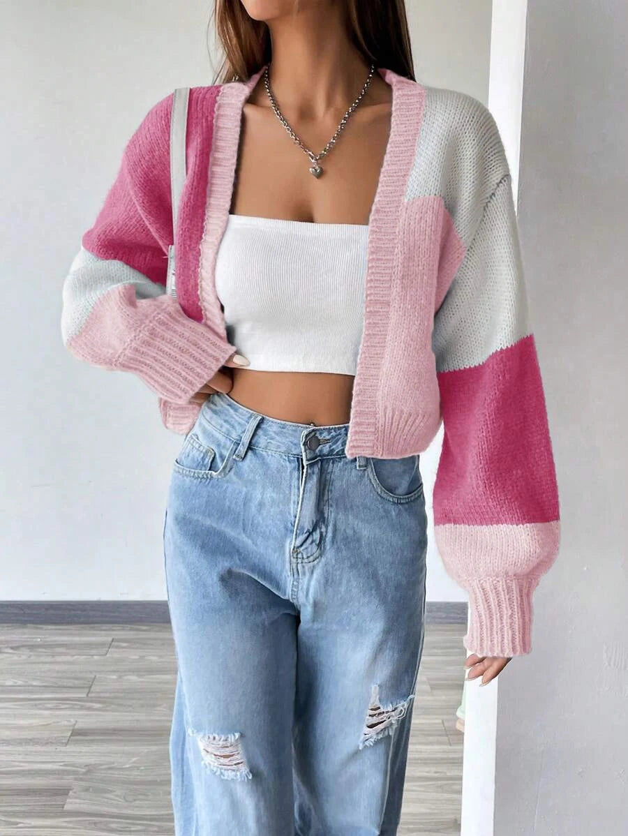 Color Block Open Front Knit Cardigan Casual Lantern Sleeve Crop Sweater Women's Clothing - reetell