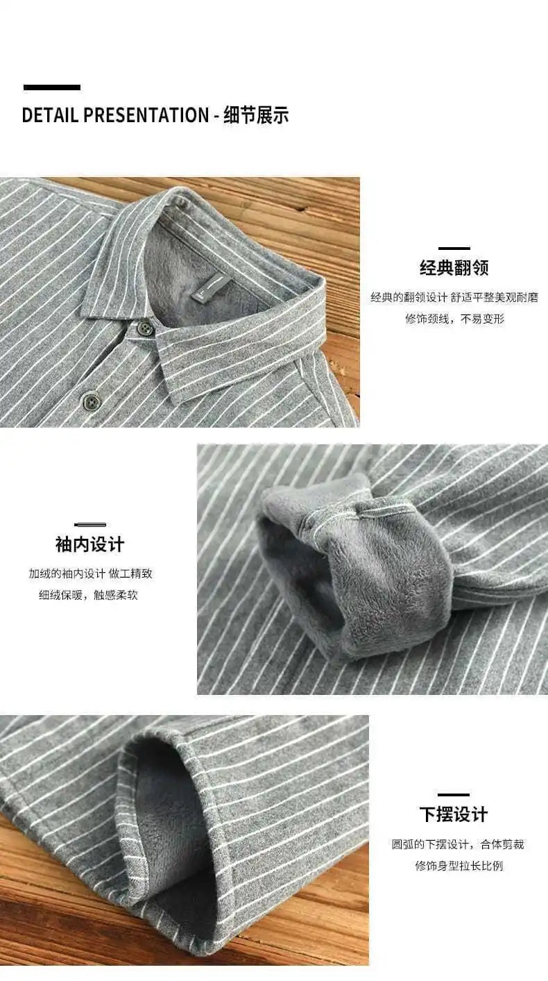 Autumn Winter Men Casual Vertical Stripes Plus Velvet Shirt Cotton Long Sleeve Comfortable Daily Tops Button Down Shirts Coat