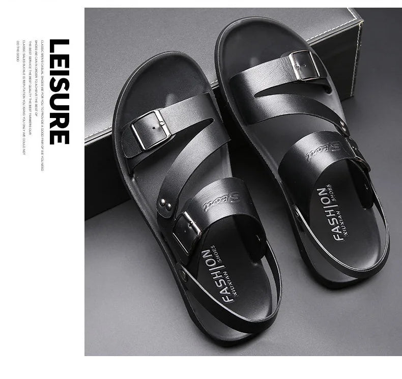 Simple Men's Sandals Solid Color PU Leather Men's Summer Shoes Casual Comfortable Open Toe Sandals Soft Beach Shoes Men's Sandal