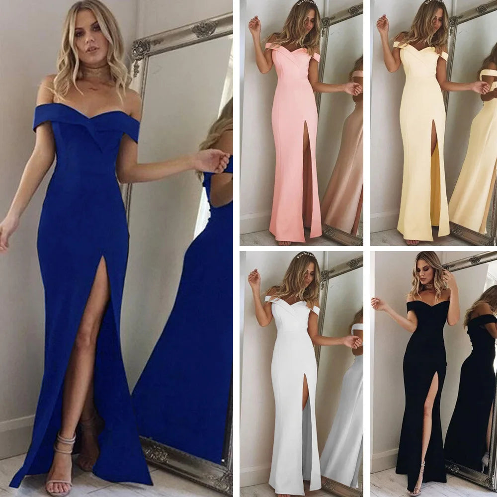 New Summer Elegant Party Dresses Evening Sexy Blue Slim Maxi Dress Slash Neck Off Shoulder Wedding Guest Elegant Dress for Women - reetell