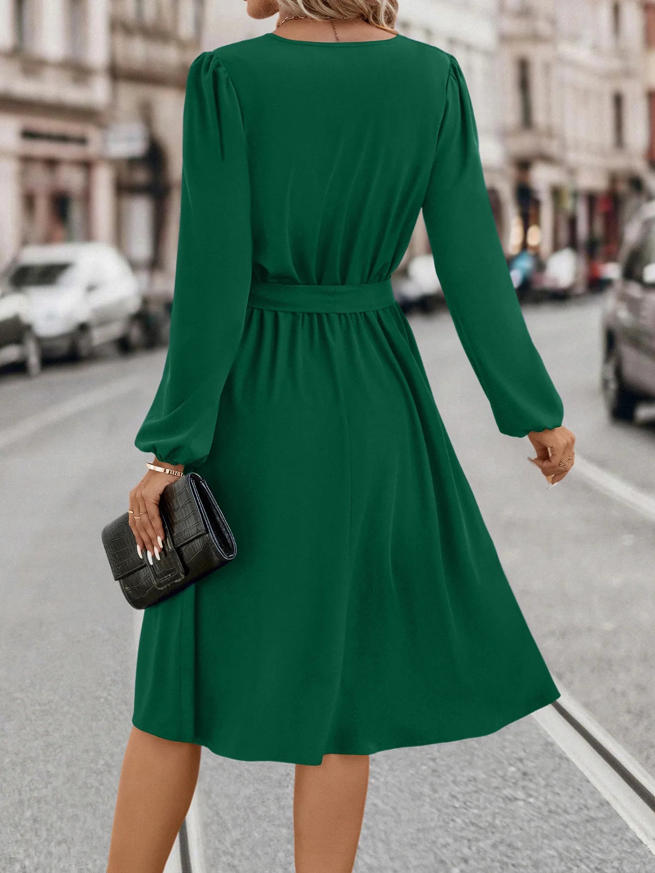 Elegant Women's Solid Color Lace Up Knee Length Dress 2024 New Autumn Winter Women's Long Sleeved V-neck Dress Vestido Femininos - reetell