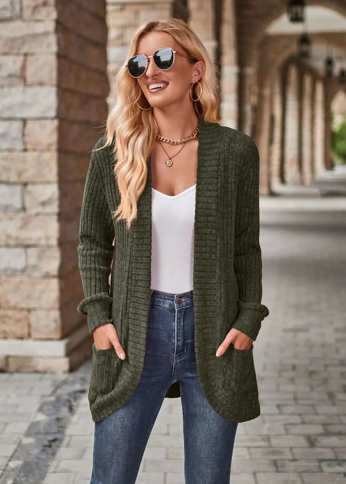 Women'S Spring And Autumn Solid Color Sweater Cardigan Fashion Pocket Cardigan Top Jacket Comfortable Soft Sweater Tienda Traf - reetell