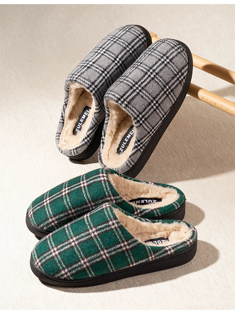 New Men's Striped Warm House Fleece Cozy Non-slip Plaid Cotton Mops Couples Slippers Winter Soft Indoor Bedroom Couples Shoes