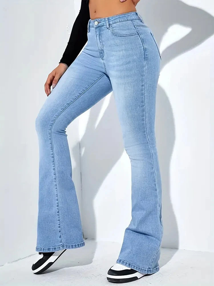 Women Flare Stretch Moustache Jeans Fashion Skinny Bell Bottom High Waist Gray Denim Pants Lady Classic Y2K Punk Long Trousers - reetell