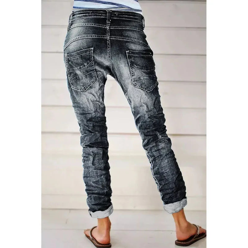 Midiross Vintage Button Fly Stitch Trim Low Waist Blue Jeans for Women 2023 New Fashion Black Jeans - reetell