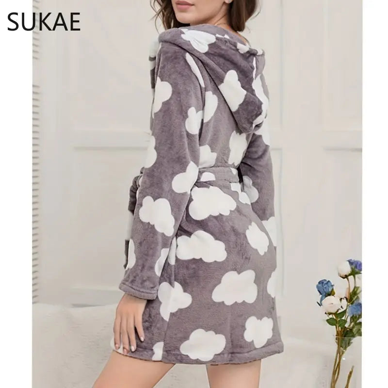 SUKAE Winter Women Sleepwear Fluffy Soft Flannel Bathrobe for Woman Polka Dots Thermal Robes for Lady Clouds Grey Robe for Girl - reetell