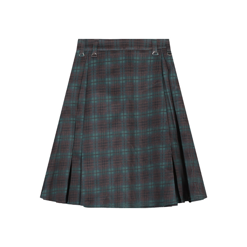 Korean style Preppy Fashion Vintage Plaid Summer Women Midi Skirt High Waist Pleated A-line Temperament Loose Y2K Skirt - reetell