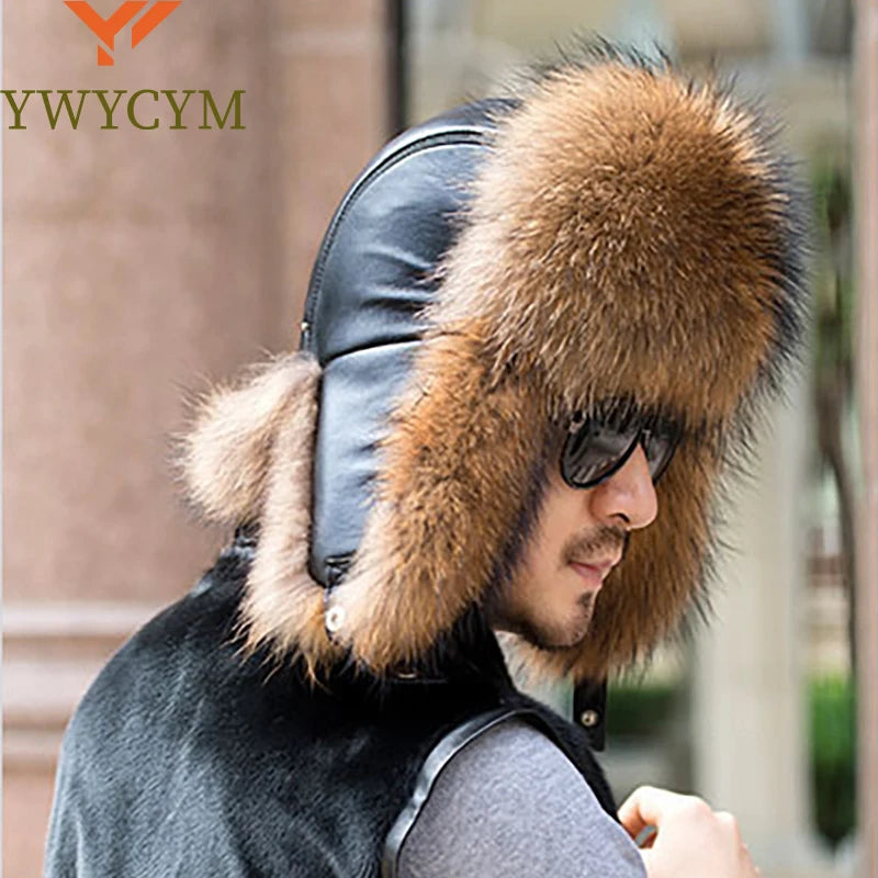 Winter Men's 100% Real Silver Fox Fur Bomber Hat Raccoon Fur Ushanka Cap Trapper Russian Man Ski Hats Caps Real Leather