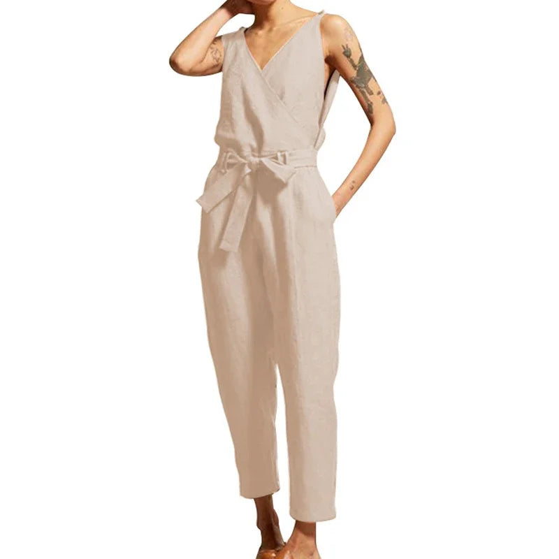 Cotton Linen Sleeveless Women Jumpsuit Summer Causal Solid V-Neck Drawstring Lace Up Waist Straight Leg Jumpsuits Plus Size