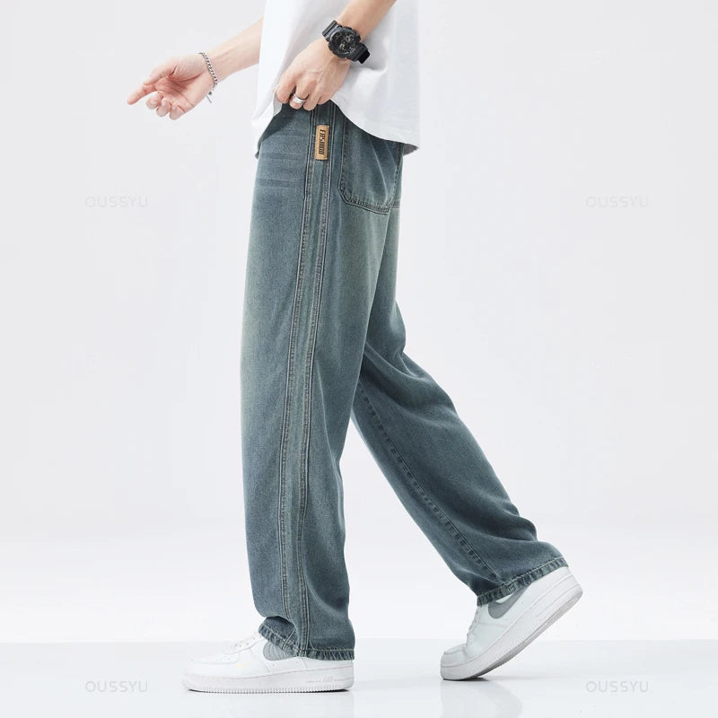 Spring Summer High Quality Soft Lyocell Fabric Jeans Men Thin Loose Wide Leg Pants Elastic Waist Casual Trousers Plus Size 28-40 - reetell