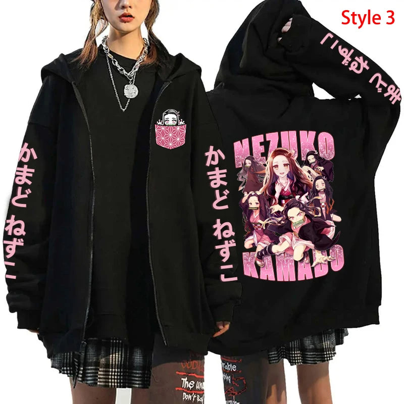 Autumn/Winter New Kamado Nezuko Hoodie Women Casual Personality Zipper Hooded Pullovers Coat Streetwear Fashion Anime Sweatshirt - reetell