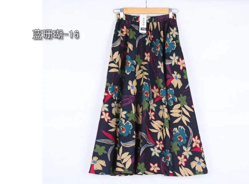 Fashion Summer Cotton Linen Women Skirt Saia Casual Vintage y2k Print Long Skirts Woman Clothes Bohemian Faldas Maxi Bottom Jupe - reetell