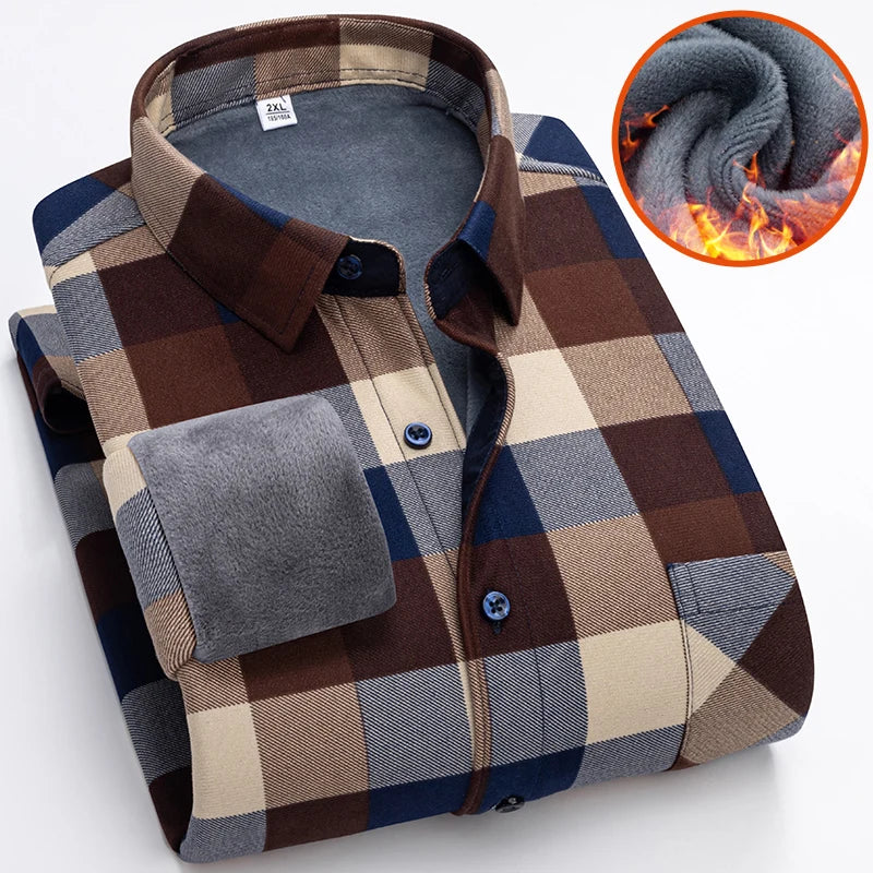 Autumn Winter Thicken Fleece Shirt Men Business Plaid Shirt Long Sleeve Warm Clothes Turn Down Collar Button Up Shirts Classic - reetell